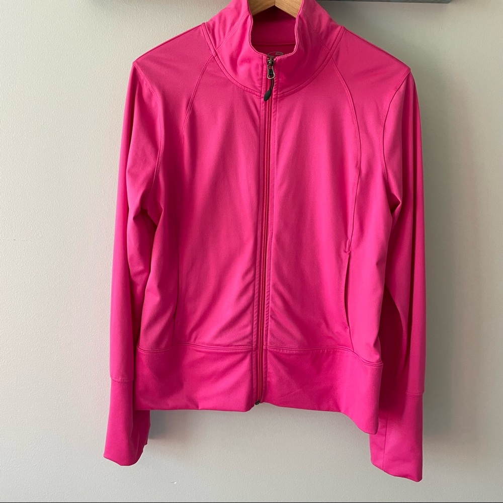 🐝🐝🐝 Champion bright pink zip front athletic jacket; EUC, size L
